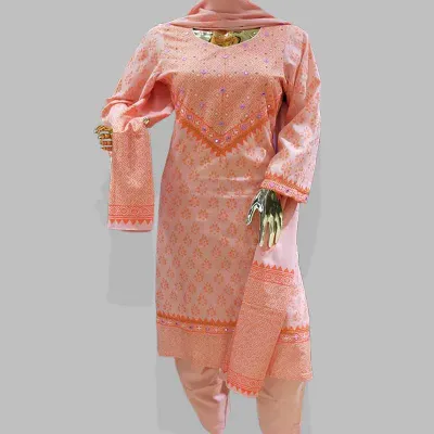 Peach block embroidered cotton shalwar kameez